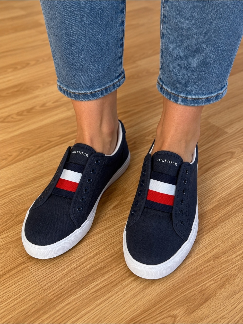 Tommy Hilfiger Navy Canvas Slip-On Sneakers with Red & White Stripe